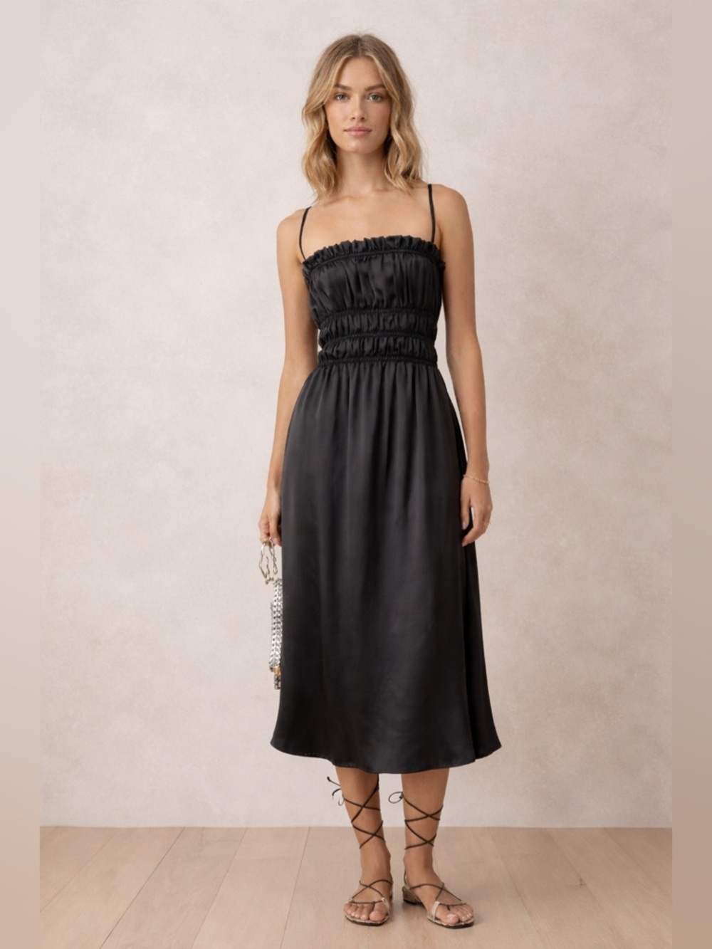 Reformation Plumeria Black Silk Midi Dress NWT size XL ruched a line straps